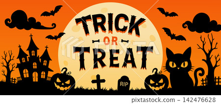 Halloween banner with trick or treat text, haunted castle, pumpkins, black cat, bats, full moon, graveyard, tombstone, spooky trees, and orange vector background. 142476628