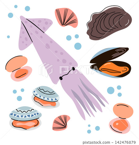 Purple Squid, Oyster, Mussel and Clam Seafood Illustration Set 142476879