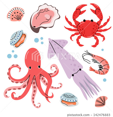Red Octopus Crab Shrimp Squid Oyster Seafood Clipart Set Red Octopus Crab Shrimp Squid Oyster Seafood Clipart Set 142476883