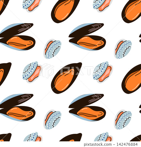 Black Mussel Clam Shell Seamless Pattern Seafood Packaging Texture Black Mussel Clam Shell Seamless Pattern Seafood Packaging Texture 142476884