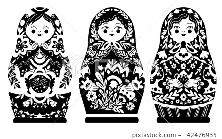 Vector set of black silhouette of matryoshka dolls in folk art style. Monochrome collection of decorative women with ornament. Vector set of black silhouette of matryoshka dolls in folk art style. Monochrome collection of decorative women with ornament. 142476935