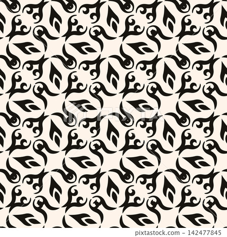 Monochrome seamless vector pattern with ornate scroll flourishes. Perfect for elegant fabric, luxury wallpaper, gift wrap, and stationery packaging. Monochrome seamless vector pattern with ornate scroll flourishes. Perfect for elegant fabric, luxury wallpaper, gift wrap, and stationery packaging. 142477845