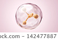 3DCG of round water droplets containing gold serum ingredient molecules and skincare cosmetic materials. 142477887