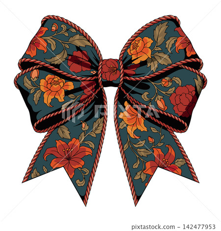 The image shows a decorative illustration of a flirty bow made of dark turquoise patterned fabric 142477953