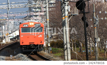 這是一張大阪環狀線 103 系列列車的遠攝照片,這是一輛橙色的高頂車廂列車,照片是從車頭拍攝的。 這是一張大阪環狀線 103 系列列車的遠攝照片,這是一輛橙色的高頂車廂列車,照片是從車頭拍攝的。 142478016