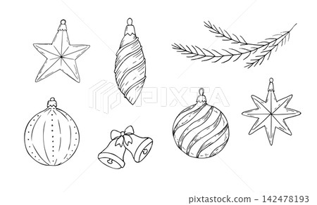 Vector Christmas element set with retro baubles, pine branch and star. Minimalist hand drawn graphic line art with bells and red ribbon isolated on white. Vintage illlustrations, pinecone, candy, icic Vector Christmas element set with retro baubles, pine branch and star. Minimalist hand drawn graphic line art with bells and red ribbon isolated on white. Vintage illlustrations, pinecone, candy, icic 142478193