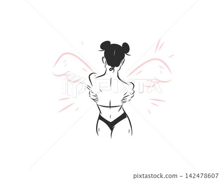 Angel Woman with Wings Hugging Herself from Behind, Symbol of Self Love, Emotional Healing, Inner Strength, Self Care, Protection and Mental Wellness Vector Illustration 142478607