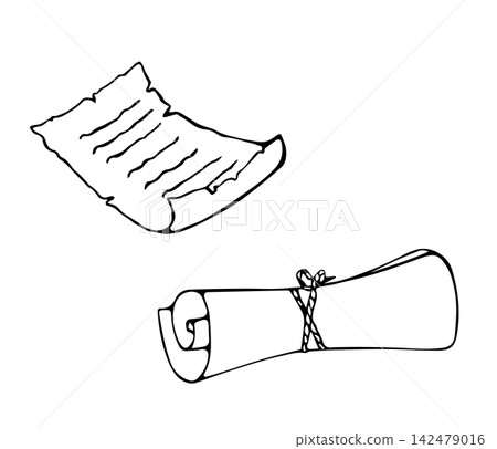 Hand Drawn Old Scroll Letters Set Rolled and Unrolled Parchment Line Art Doodle Illustration 142479016