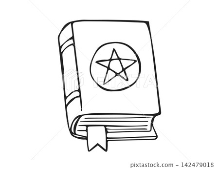 Hand Drawn Witch Spell Book with Pentagram Symbol and Bookmark Line Art Doodle Illustration Hand Drawn Witch Spell Book with Pentagram Symbol and Bookmark Line Art Doodle Illustration 142479018