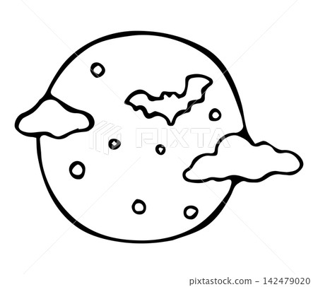 Hand Drawn Full Moon with Bat and Clouds Line Art Doodle Illustration for Halloween Night Sky Design 142479020