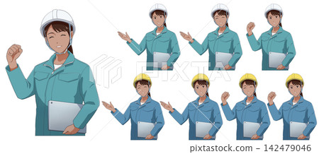 一位身穿工作服、頭戴頭盔、手持平板電腦的黑髮亞洲女性,擺出動漫風格的姿勢和表情,正在進行導覽講解。 一位身穿工作服、頭戴頭盔、手持平板電腦的黑髮亞洲女性,擺出動漫風格的姿勢和表情,正在進行導覽講解。 142479046