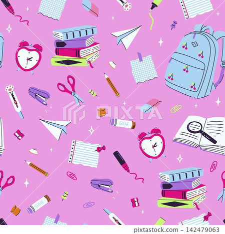 Bright school seamless pattern with cute stationery and backpack on pink background Bright school seamless pattern with cute stationery and backpack on pink background 142479063