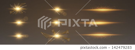 Golden light effects, including lens flares, glowing lines, and shattered glass fragments Golden light effects, including lens flares, glowing lines, and shattered glass fragments 142479283