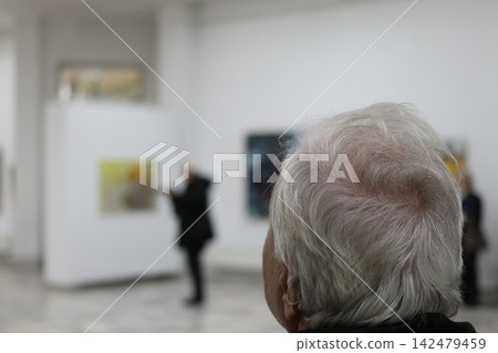 Visitor looks at art in gallery an exhibition. Visitor looks at art in gallery an exhibition. 142479459