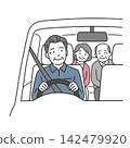 An illustration of a driver safely operating a vehicle transporting elderly people for caregiving purposes. 142479920