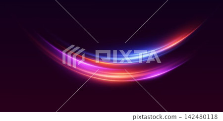 Abstract light trails flowing with neon colors on a dark background, representing digital speed and energy Abstract light trails flowing with neon colors on a dark background, representing digital speed and energy 142480118