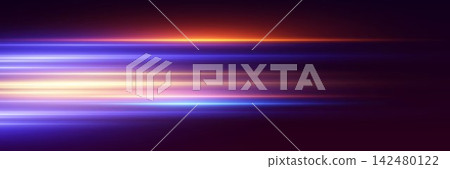 Abstract horizontal light trails creating a dynamic background with vibrant colors 142480122