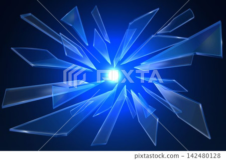 Glass fragments exploding from a bright light source creating an abstract blue background 142480128