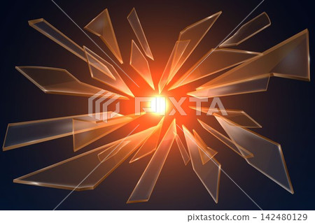 Glass fragments shattering outwards from a radiating energetic light source Glass fragments shattering outwards from a radiating energetic light source 142480129