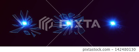 Energetic blue light bursting through broken glass fragments on a dark background Energetic blue light bursting through broken glass fragments on a dark background 142480130