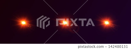 Three glowing orange lens flares illuminate a dark abstract background with radiating light 142480131
