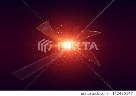 Shattered glass pieces scattering outwards from a vibrant, glowing light burst in dark space Shattered glass pieces scattering outwards from a vibrant, glowing light burst in dark space 142480147
