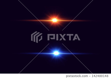 Two distinct light flares with starbursts and horizontal beams illuminate a dark background Two distinct light flares with starbursts and horizontal beams illuminate a dark background 142480148