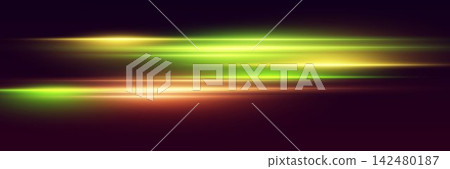 Abstract glowing light lines moving horizontally on a dark background, representing technology and energy Abstract glowing light lines moving horizontally on a dark background, representing technology and energy 142480187