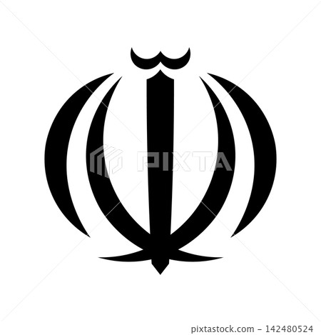 Iran national emblem black flat icon, sticker. Iranian Nishan Rasmi outline logo. Islamic Republic of Iran silhouette badge, button. 142480524