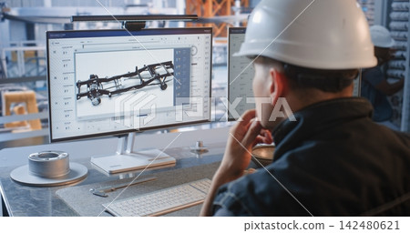 Industrial Specialist Monitoring Conveyor Robots from Factory Glass Office Industrial Specialist Monitoring Conveyor Robots from Factory Glass Office 142480621