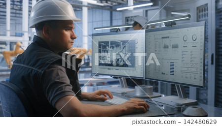 Engineer Analyzing Production Workflows on Dual Screens in Smart Factory Engineer Analyzing Production Workflows on Dual Screens in Smart Factory 142480629