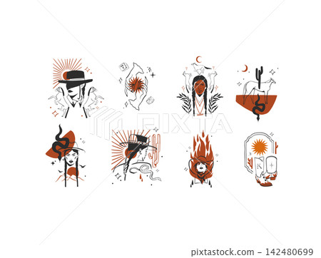 Wild West Cowboy and Cowgirl Vector Set, Western Rodeo Desert Ranch Illustrations with Horses, Cactus, Snake, Fire and Native American Inspired Elements 142480699