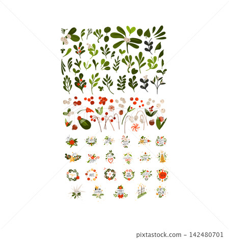 Christmas Botanical Vector Collection, Winter Holiday Floral Elements, Berries, Leaves, Branches, Wreaths and Festive New Year Decorations Christmas Botanical Vector Collection, Winter Holiday Floral Elements, Berries, Leaves, Branches, Wreaths and Festive New Year Decorations 142480701