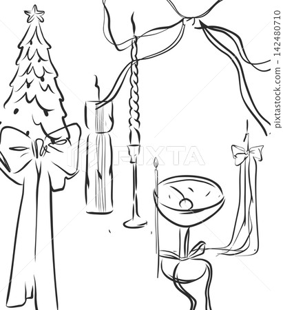 Christmas Decorative Elements Vector Set, Hand Drawn Christmas Tree, Bows, Ribbons, Candles and Festive Table Decor Elegant Holiday Line Art Collection Christmas Decorative Elements Vector Set, Hand Drawn Christmas Tree, Bows, Ribbons, Candles and Festive Table Decor Elegant Holiday Line Art Collection 142480710