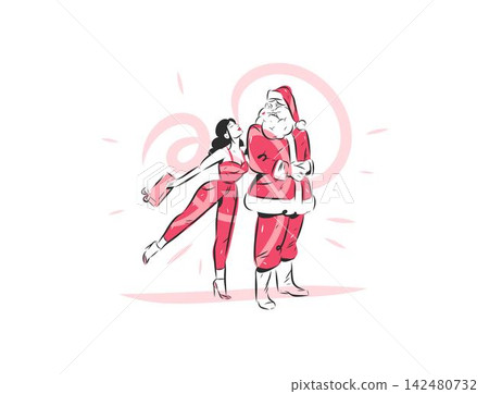 Santa Claus and Woman with Christmas Gift, Holiday Shopping and Christmas Sale, Festive Promotion, New Year Celebration Hand Drawn Vector Illustration Santa Claus and Woman with Christmas Gift, Holiday Shopping and Christmas Sale, Festive Promotion, New Year Celebration Hand Drawn Vector Illustration 142480732