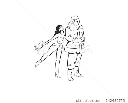 Santa Claus and Woman with Christmas Gift, Holiday Celebration and Christmas Sale, Festive Shopping Promotion Hand Drawn Black and White Vector Line Art 142480753