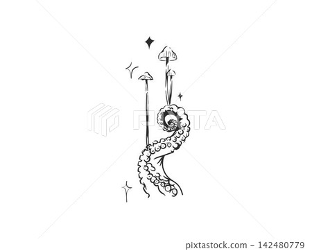 Mystical Octopus Tentacle with Magic Mushrooms and Stars, Gothic Witchy Hand Drawn Line Art, Dark Fantasy Vector Illustration Mystical Octopus Tentacle with Magic Mushrooms and Stars, Gothic Witchy Hand Drawn Line Art, Dark Fantasy Vector Illustration 142480779
