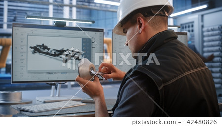 Technician Inspecting Machined Component with Caliper at CAD Workstation Technician Inspecting Machined Component with Caliper at CAD Workstation 142480826