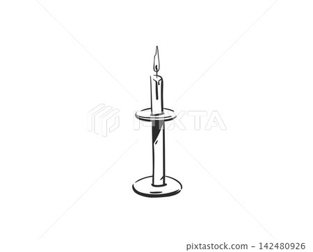 Tall Burning Candle in Vintage Candlestick Hand Drawn Line Art Vector Illustration, Gothic Halloween Candlelight Decor Isolated on White Tall Burning Candle in Vintage Candlestick Hand Drawn Line Art Vector Illustration, Gothic Halloween Candlelight Decor Isolated on White 142480926