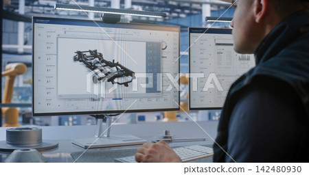 Male Operator Managing Automated Production Workflows and CAD Blueprints on Dual Screens Male Operator Managing Automated Production Workflows and CAD Blueprints on Dual Screens 142480930
