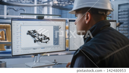 Male Caucasian Operator Monitoring Automated Assembly Line Graphics in Futuristic Plant Male Caucasian Operator Monitoring Automated Assembly Line Graphics in Futuristic Plant 142480953