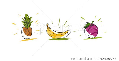 Tropical Fruit Illustration Set with Pineapple, Banana and Apple, Colorful Hand Drawn Fresh Healthy Food Vector Design Elements. Tropical Fruit Illustration Set with Pineapple, Banana and Apple, Colorful Hand Drawn Fresh Healthy Food Vector Design Elements. 142480972