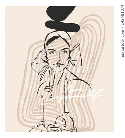 Woman Portrait with Burning Candles and Abstract Wavy Lines, Feminine Self Care and Relaxation Concept, Minimal Boho Contemporary Wall Art Illustration Woman Portrait with Burning Candles and Abstract Wavy Lines, Feminine Self Care and Relaxation Concept, Minimal Boho Contemporary Wall Art Illustration 142481074