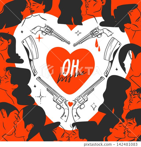 Oh Kiss Me Heart with Kissing Couples and Western Revolvers, Romantic Valentine Cowboy Hand Drawn Vector Design. Oh Kiss Me Heart with Kissing Couples and Western Revolvers, Romantic Valentine Cowboy Hand Drawn Vector Design. 142481083