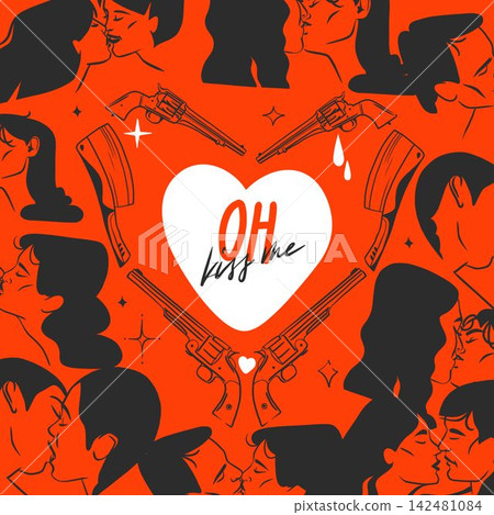 Oh Kiss Me Western Valentine Heart with Revolvers and Kissing Couples, Bold Red Romantic Cowboy Vector Illustration Oh Kiss Me Western Valentine Heart with Revolvers and Kissing Couples, Bold Red Romantic Cowboy Vector Illustration 142481084