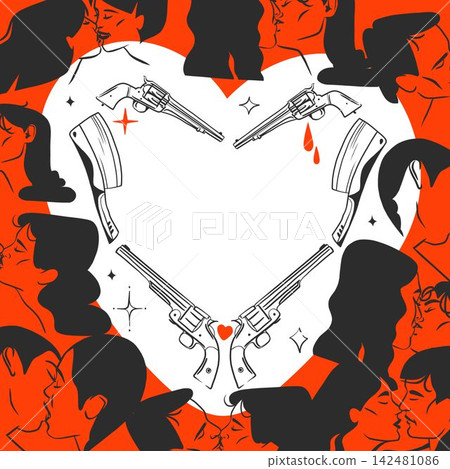 Romantic Couples Kissing Around Heart with Western Revolvers, Passion and Love Hand Drawn Valentine Vector Illustration 142481086