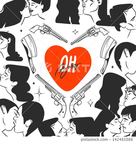 Western Love Heart with Kissing Couples and Revolvers, Black and White Romantic Cowboy Valentine Hand Drawn Vector Illustration Western Love Heart with Kissing Couples and Revolvers, Black and White Romantic Cowboy Valentine Hand Drawn Vector Illustration 142481088