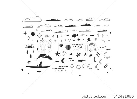 Hand Drawn Summer Ocean Doodle Elements Set with Waves, Clouds, Sun, Moon, Dolphins, Birds and Stars, Coastal Beach Nautical Vector Collection Hand Drawn Summer Ocean Doodle Elements Set with Waves, Clouds, Sun, Moon, Dolphins, Birds and Stars, Coastal Beach Nautical Vector Collection 142481090