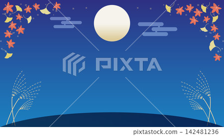 A Japanese-style frame featuring the moon, autumn leaves, and pampas grass in the night sky. A Japanese-style frame featuring the moon, autumn leaves, and pampas grass in the night sky. 142481236