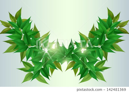 Green leaves with lens flare creating an organic border on a light gradient background Green leaves with lens flare creating an organic border on a light gradient background 142481369